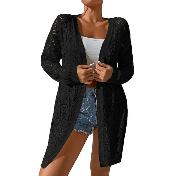 Htigea Lightweight Cardigans for Women Crochet Long Sleeve Open Front Cardigan Sweater Hollow Out Tops Black M