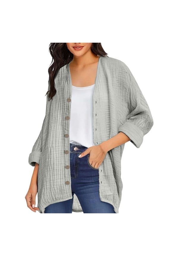 Lightweight Cardigans for Women Oversized Bohemian Linen Long Shirts Open Front Button Down Blouses Top Gray S