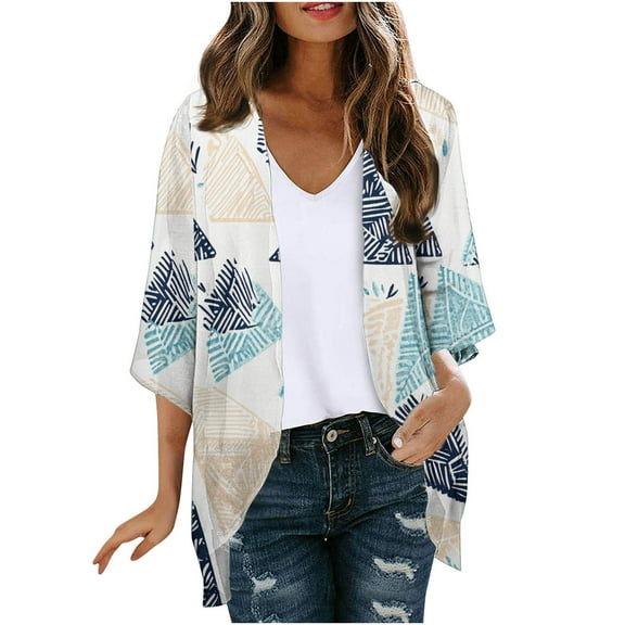 Htigea Lightweight Chiffon Cardigan for Women Vintage 3/4 Sleeve Blouses Fashion Print Open Front Cardigans A Blue,L