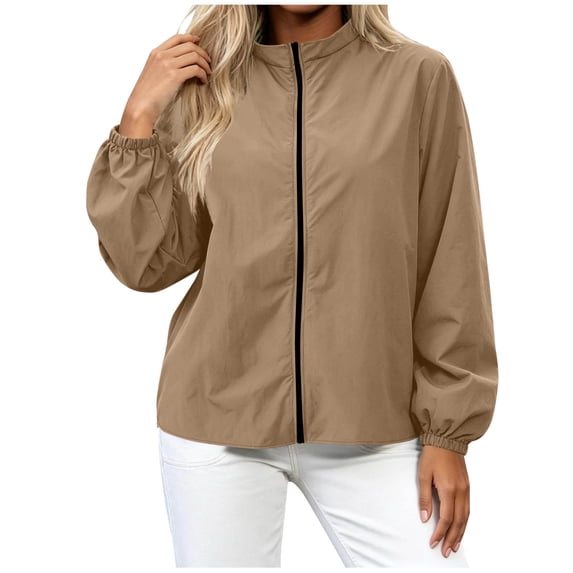 Htigea Lightweight Jackets for Women Full Zip Up Stand Collar Long Sleeve Top with Elastic Cuffs Fall Windproof Coats Khaki M