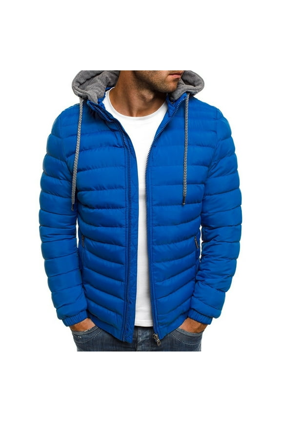 Lightweight Puffer Jacket for Men Full Zip Up Quilted Jackets Long Sleeve Hooded Down Coats Winter Warm Outwear Casual Outdoor Sport Coat Blue M