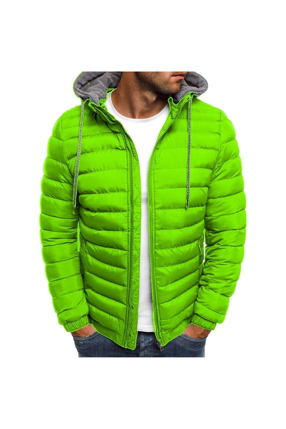 Lightweight Puffer Jacket for Men Full Zip Up Quilted Jackets Long Sleeve Hooded Down Coats Winter Warm Outwear Casual Outdoor Sport Coat Green S