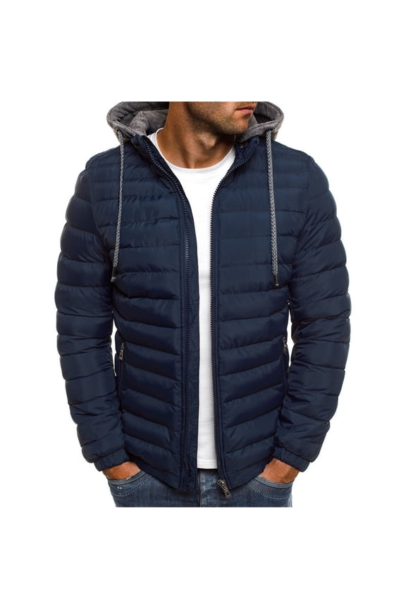 Lightweight Puffer Jacket for Men Full Zip Up Quilted Jackets Long Sleeve Hooded Down Coats Winter Warm Outwear Casual Outdoor Sport Coat Navy L