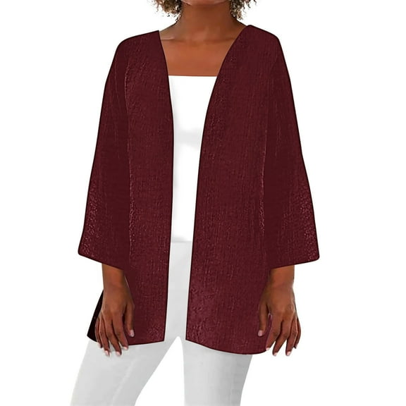 Htigea Lightweight Summer Cardigan Womens 3/4 Sleeve Open Front Coats Casual Loose Everyday Wear Trendy Beach Vacation Outfits Wine S
