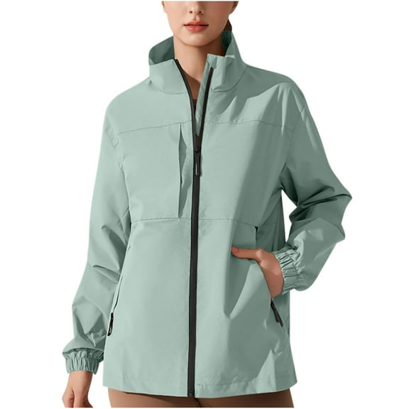 Htigea Lightweight Windbreaker Jacket for Women Full Zipper Stand Neck Windproof Coat Outdoor Cycling Hiking Jackets with Pockets Green L