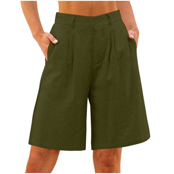 Htigea Linen Bermuda Shorts for Women Pleated Elastic Waisted Wide Leg Shorts Casual Loose Summer Shorts with Pocket Army Green M