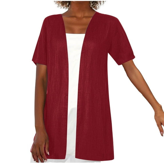 Htigea Linen Cardigan for Women Lightweight Open Front Short Sleeve Cardigans Blouses Solid Color Summer Tops Red,XXL