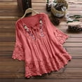 thumbnail image 1 of Htigea Linen Lace Patchwork Shirts for Women Summer 3/4 Sleeve Bow V-Neck Blouse Casual Pleated Embroidery T-shirts Solid Color Vintage Pullover Tops, 1 of 5