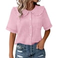 thumbnail image 1 of Htigea Linen Shirts for Women Summer Button Down Blouses Cute Ruffle Collar Short Sleeve Tops Casual Vacation Outfits Pink XXL, 1 of 6