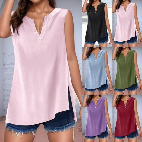 Htigea Linen Tops for Women Loose Fit Short Sleeve Shirts Summer Button V Neck Casual Dressy Blouses Pink,2XL