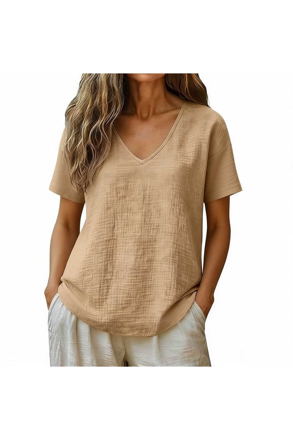 Linen Tops for Women Summer Gauzy Shirts Short Sleeve V Neck Blouses Dressy Casual Loose Tees Khaki M