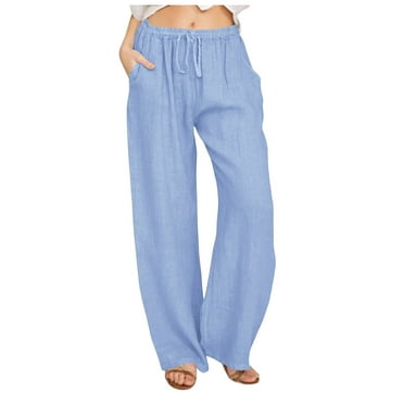 Htigea Linen Wide Leg Pants for Women High Waisted Drawstring Palazzo Pants Loose Fit Plus Size Straight Trousers with Pockets Solid Color Casual Long Pants