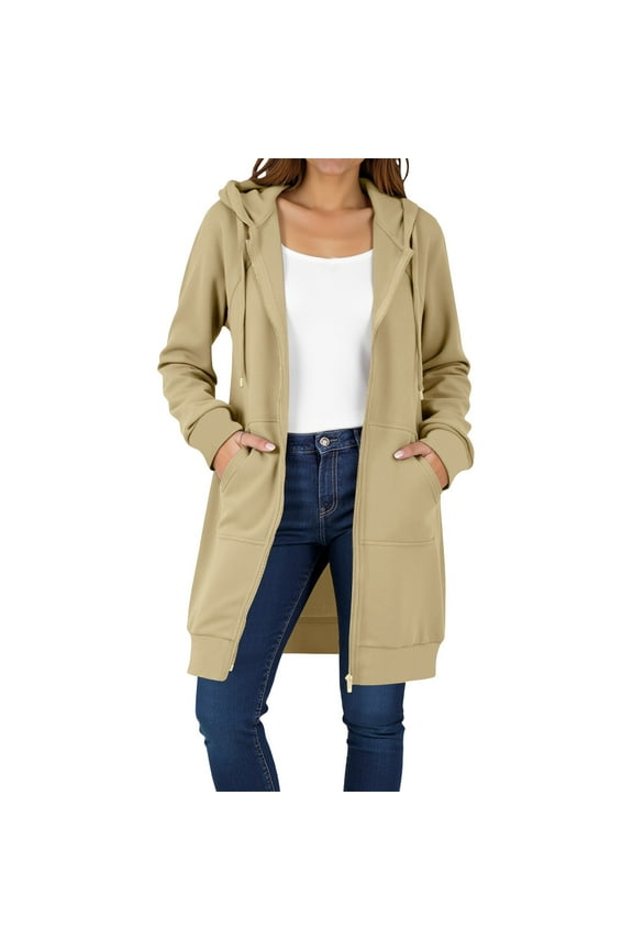 Long Hoodies for Women Solid Color Full Zip up Knee Length Tunic Sweatshirts Casual Loose Hooded Tops Jackets with Pockets Beige S