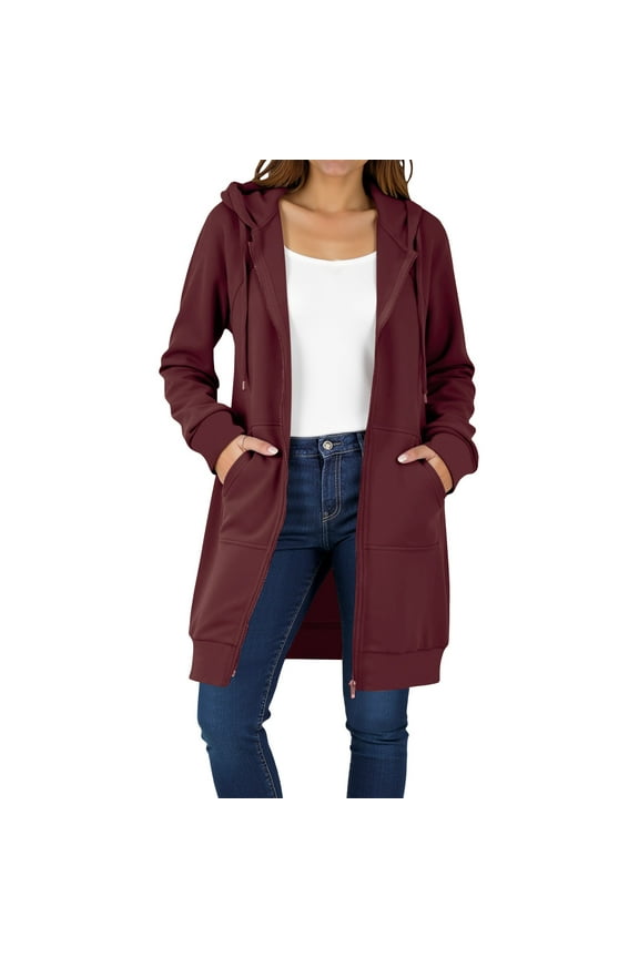 Long Hoodies for Women Solid Color Full Zip up Knee Length Tunic Sweatshirts Casual Loose Hooded Tops Jackets with Pockets Red L