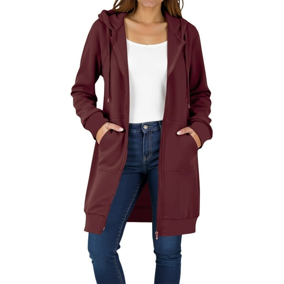 Htigea Long Hoodies for Women Solid Color Full Zip up Knee Length Tunic Sweatshirts Casual Loose Hooded Tops Jackets with Pockets Red S