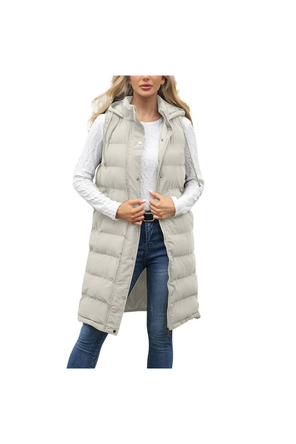 Long Puffer Vest for Women Quilted Hooded Zip Up Sleeveless Vests Outerwear Padded Jacket Fall Winter Coat Beige XXL