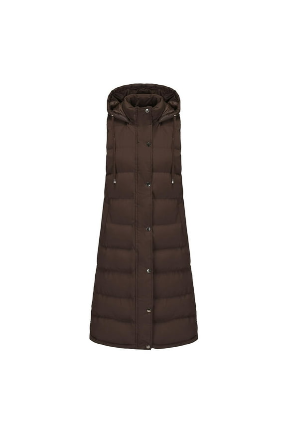 Long Puffer Vest for Women Quilted Hooded Zip Up Sleeveless Vests Outerwear Padded Jacket Fall Winter Coat Coffee L