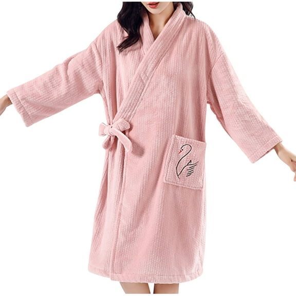 Htigea Long Sleeve Bathrobe for Women Velvet Short Robe Cute Lace-Up Nightgown Soft Comfy Absorbent SPA Bath Robes Pink,Free Size