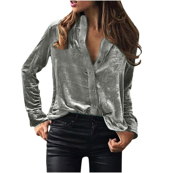 Htigea Long Sleeve Cardigans for Women Button Down Lapel Cardigan Blouses Dressy Velvet Business Cardigans Gray,XXL