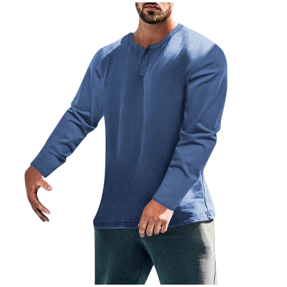 Dagegui Long Sleeve Henley Shirts for Men Crewneck Button Down Work T-Shirts Solid Color Basic Pullover Top Blue L