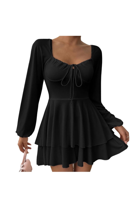 Long Sleeve Mini Dress for Women Elegant Square Neck Layered Pleated Dresses Flowy Wedding Guest Party Short Dress Black XS