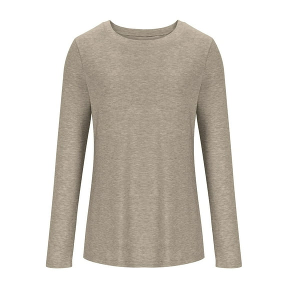 Htigea Long Sleeve Shirts for Women Basic Crewneck Tunic Tee Solid Fall Tops Soft Cozy Daily T-Shirt Khaki S