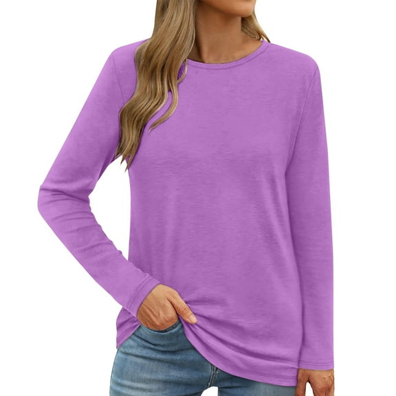 Htigea Long Sleeve Shirts for Women Casual Crew Neck Basic Fall Tops Loose Fit Comfy Pullovers Purple L