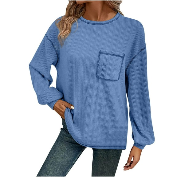 Htigea Long Sleeve Shirts for Women Casual Crew Neck Knit Ribbed Pullover Loose Cozy Fall Tops with Pocket Blue S
