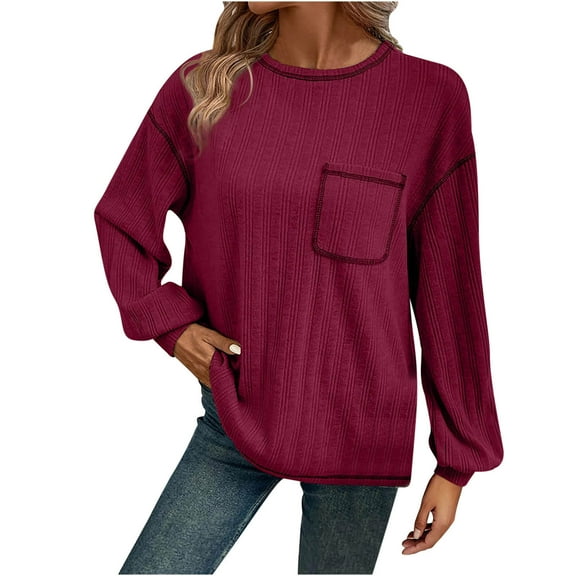 Htigea Long Sleeve Shirts for Women Casual Crew Neck Knit Ribbed Pullover Loose Cozy Fall Tops with Pocket Wine XL