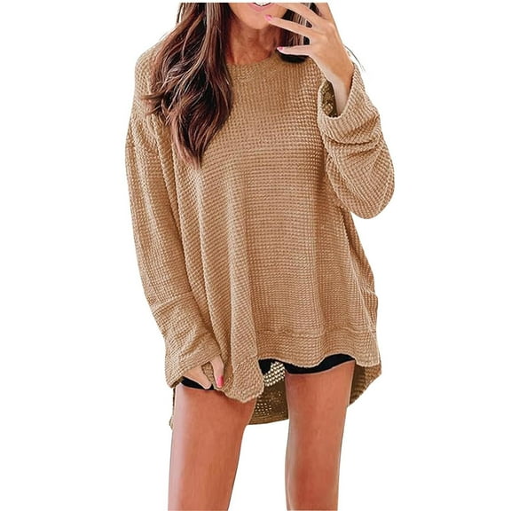 Htigea Long Sleeve Shirts for Women Oversized Crewneck Pullover Waffle Knit Fall Tops Khaki L