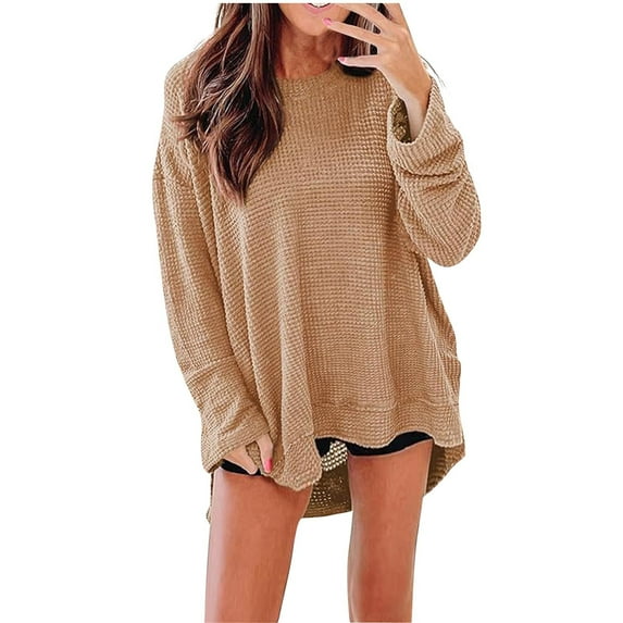 Htigea Long Sleeve Shirts for Women Oversized Crewneck Pullover Waffle Knit Fall Tops Khaki XL