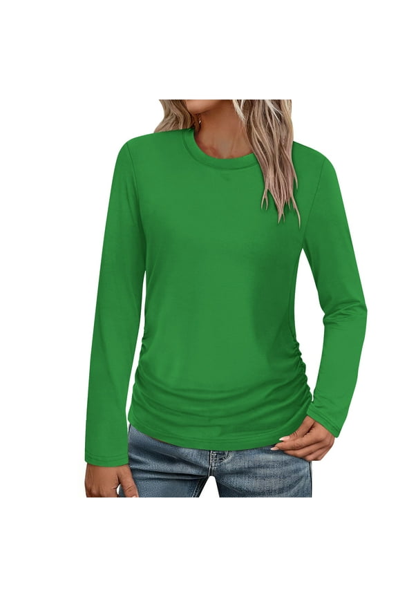 Long Sleeve Shirts for Women Side Ruched Slimming Tops Solid Crew Neck T Shirt Cozy Fall Pullover Tee Green XXL