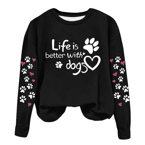 Htigea Long Sleeve Sweatshirts for Women Cute Dog Paw Print Pullover Tops Fall Crewneck Sweatshirt for Everyday Black XL