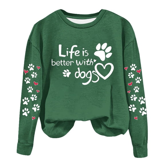 Htigea Long Sleeve Sweatshirts for Women Cute Dog Paw Print Pullover Tops Fall Crewneck Sweatshirt for Everyday Green M