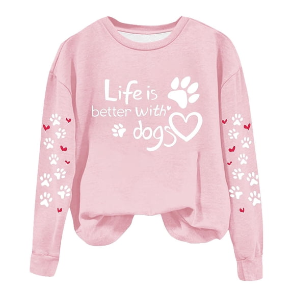 Htigea Long Sleeve Sweatshirts for Women Cute Dog Paw Print Pullover Tops Fall Crewneck Sweatshirt for Everyday Pink S
