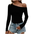 thumbnail image 1 of Htigea Long Sleeve T-Shirts for Women Asymmetrical Neck Off the Shoulder Tops Trendy Ruched Slim Fit Shirts Black XS, 1 of 4