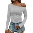 thumbnail image 1 of Htigea Long Sleeve T-Shirts for Women Asymmetrical Neck Off the Shoulder Tops Trendy Ruched Slim Fit Shirts Gray L, 1 of 3
