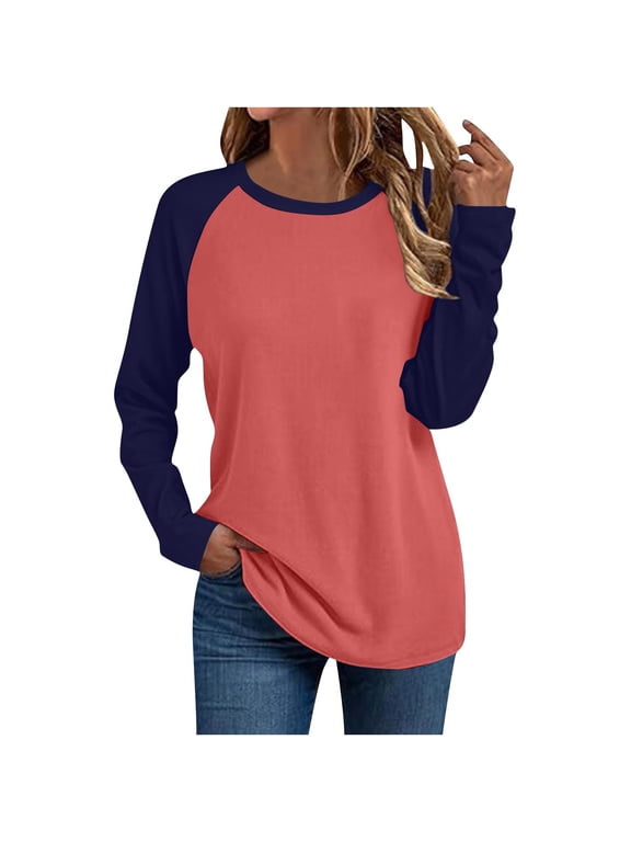 Long Sleeve T Shirts for Women Raglan Tops | Color Block, Crew Neck, Loose Fit, Casual Trendy Outfits, Fall Pullover Tops Red XXL