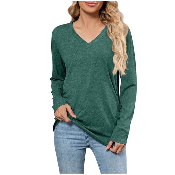 Htigea Long Sleeve T Shirts for Women V Neck Tops | Ruched Hem Tshirt, Soft Fall Outfits, Basic Tees Casual Blouse, Work & Everyday Wear Green XL