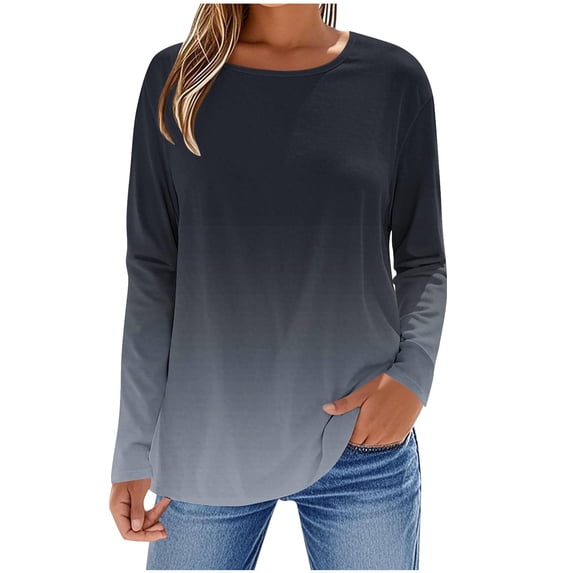 Htigea Long Sleeve Tops for Women Casual Loose Fit T Shirts Trendy Gradient Color Crewneck Everyday Tees Black L