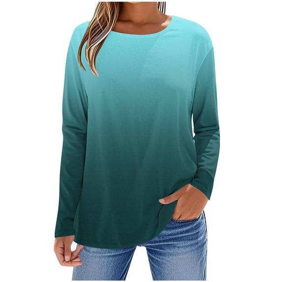 Htigea Long Sleeve Tops for Women Casual Loose Fit T Shirts Trendy Gradient Color Crewneck Everyday Tees Light Blue M