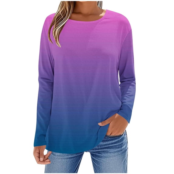 Htigea Long Sleeve Tops for Women Casual Loose Fit T Shirts Trendy Gradient Color Crewneck Everyday Tees Purple L
