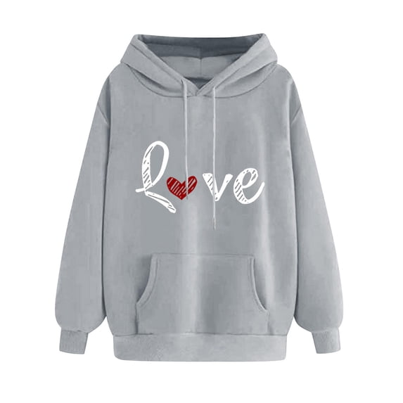 Htigea Love Heart Hoodies for Women Drawstring Long Sleeve Sweatshirts Loose Casual Holiday Pullover Tops with Pockets Gray XXL
