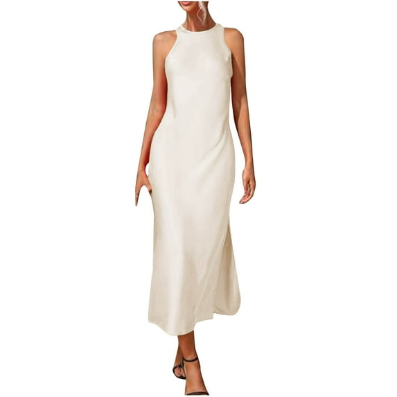 Htigea Maxi Dress for Women Elegant Sleeveless Halter Dress Keyhole Back Formal Wedding Guest Dress for Summer Beige,2XL