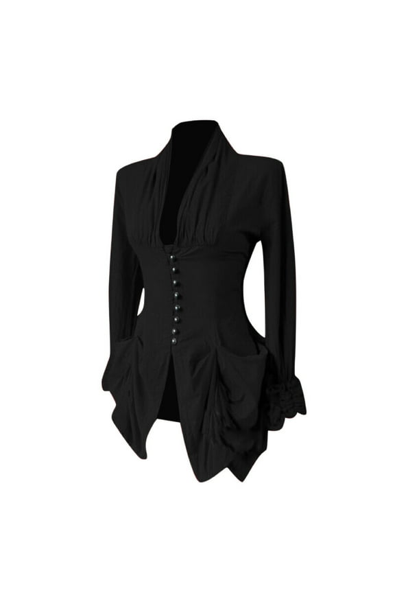 Medieval Tops for Women Gothic Renaissance Blouse Long Sleeve Corset Irregular Steampunk Victorian Shirts with Pockets Black XXXL
