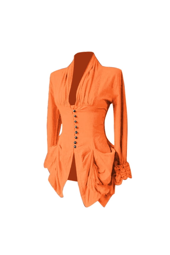 Medieval Tops for Women Gothic Renaissance Blouse Long Sleeve Corset Irregular Steampunk Victorian Shirts with Pockets Orange XXL