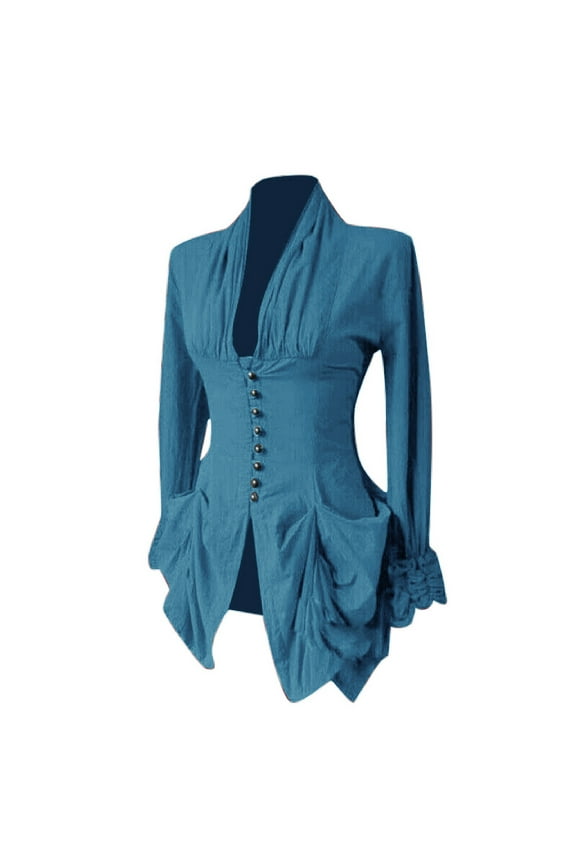 Medieval Tops for Women Gothic Renaissance Blouse Long Sleeve Corset Irregular Steampunk Victorian Shirts with Pockets Sky Blue L
