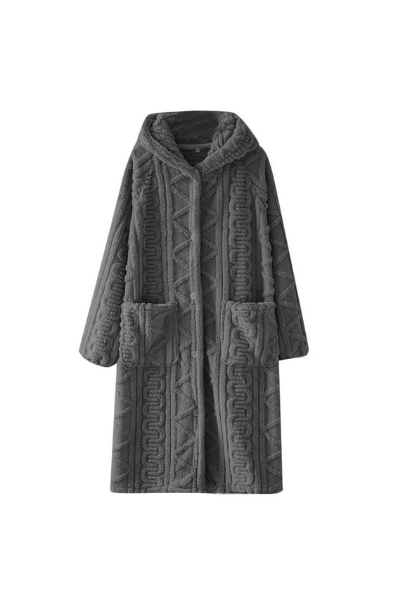 Men's Fleece Nightgown Long Sleeve Hooded Button Down Bathrobe for After Shower Soft Comfy Homewear Gray,M