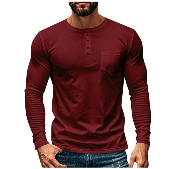 Dagegui Men's Henley Shirts Plain Long Sleeve Button Crewneck T-Shirts Slim Fit Gym Fitness Muscle Tee Workout Tops Red L