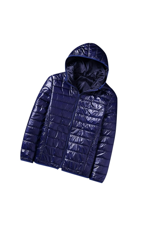 Men's Lightweight Packable Puffer Jacket Winter Hooded Down Coats Solid Color Full Zip Up Warm Jackets Windproof Quilted Coat Outwear Navy XL